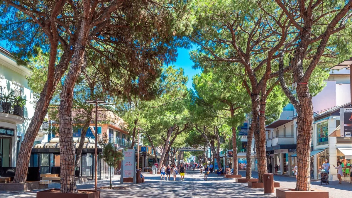 Vue panoramique du Viale Ceccarini à Riccione avec les boutiques et la promenade piétonne
